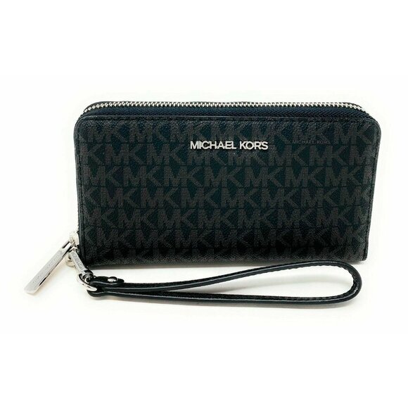 S Michael Kors Jet Set Travel Signature Phone Wallet Wristlet Black 35F8STVW9B - Picture 1 of 9